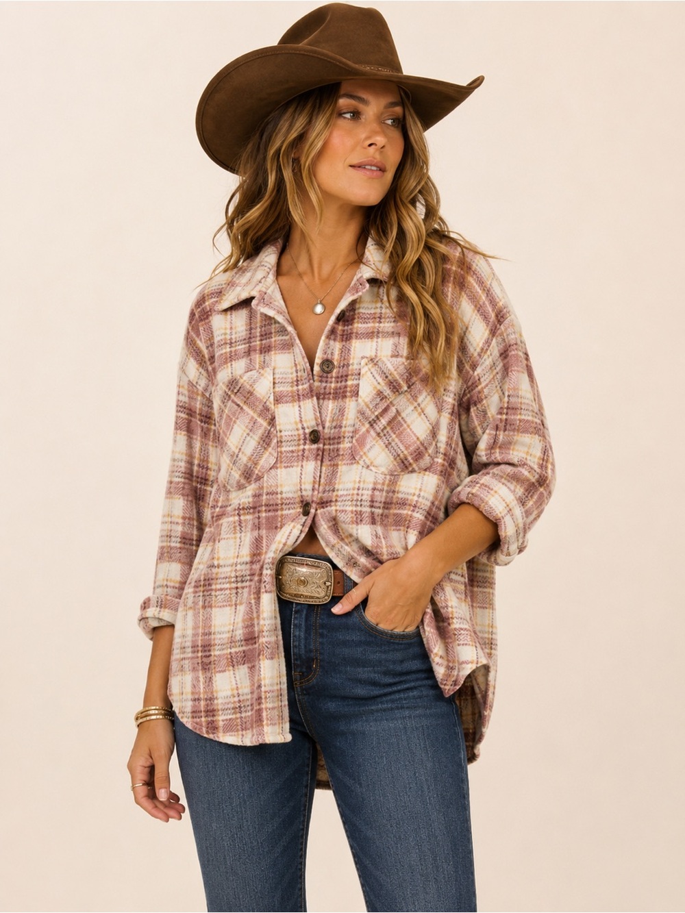 Oversized Plaid Button-Up Flannel in Mauve Cream
